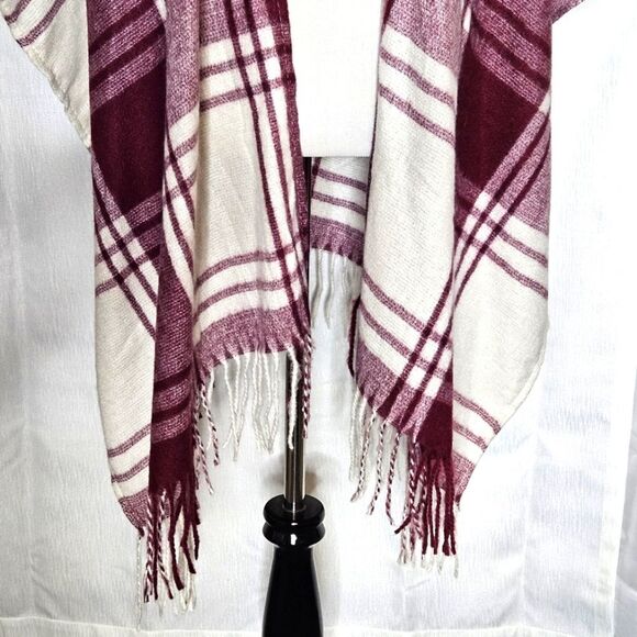 Banana Republic Mariana Deep Red Plaid Fringe Cashmere Blend Poncho Wrap Sweater - Picture 5 of 10
